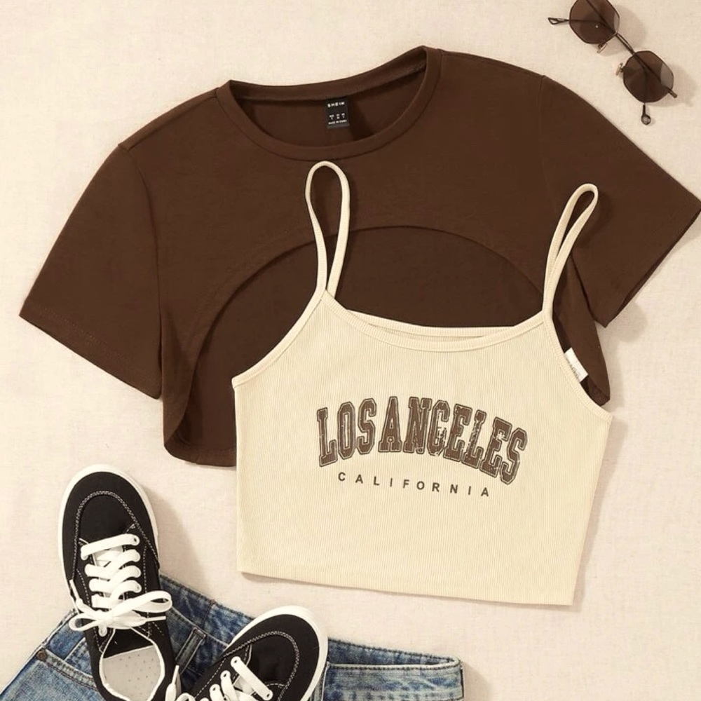 White and brown cami crop top and high low tee
